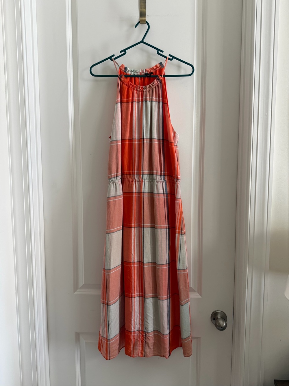 Ann Taylor Orange and Cream Plaid Elastic-Waist Midi Dress